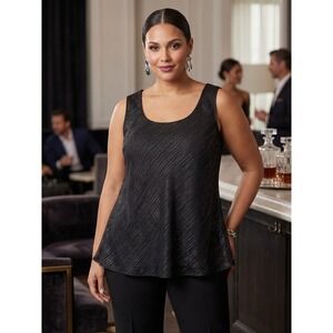 Cabernet Black Metallic Silver Pinstripe Sheer Overlay Tank Top Blouse Large